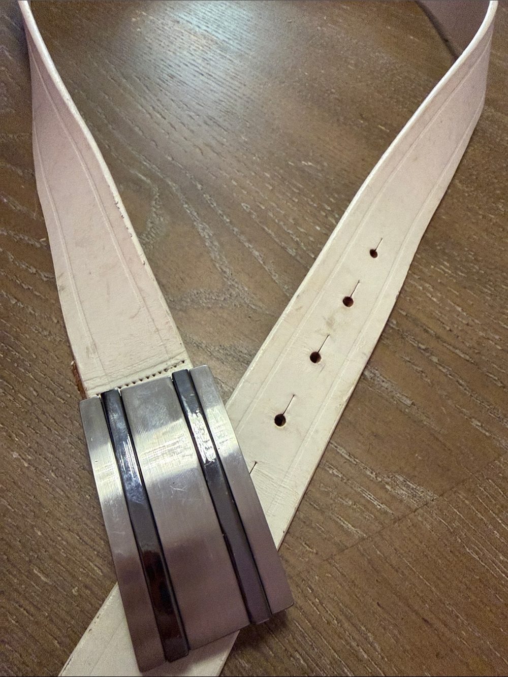 Aldo White Leather Belt with Iridescent Buckle Accent